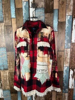 George Red and Black Plaid Button-Up Shirt redone with Fringe and Patchwork
